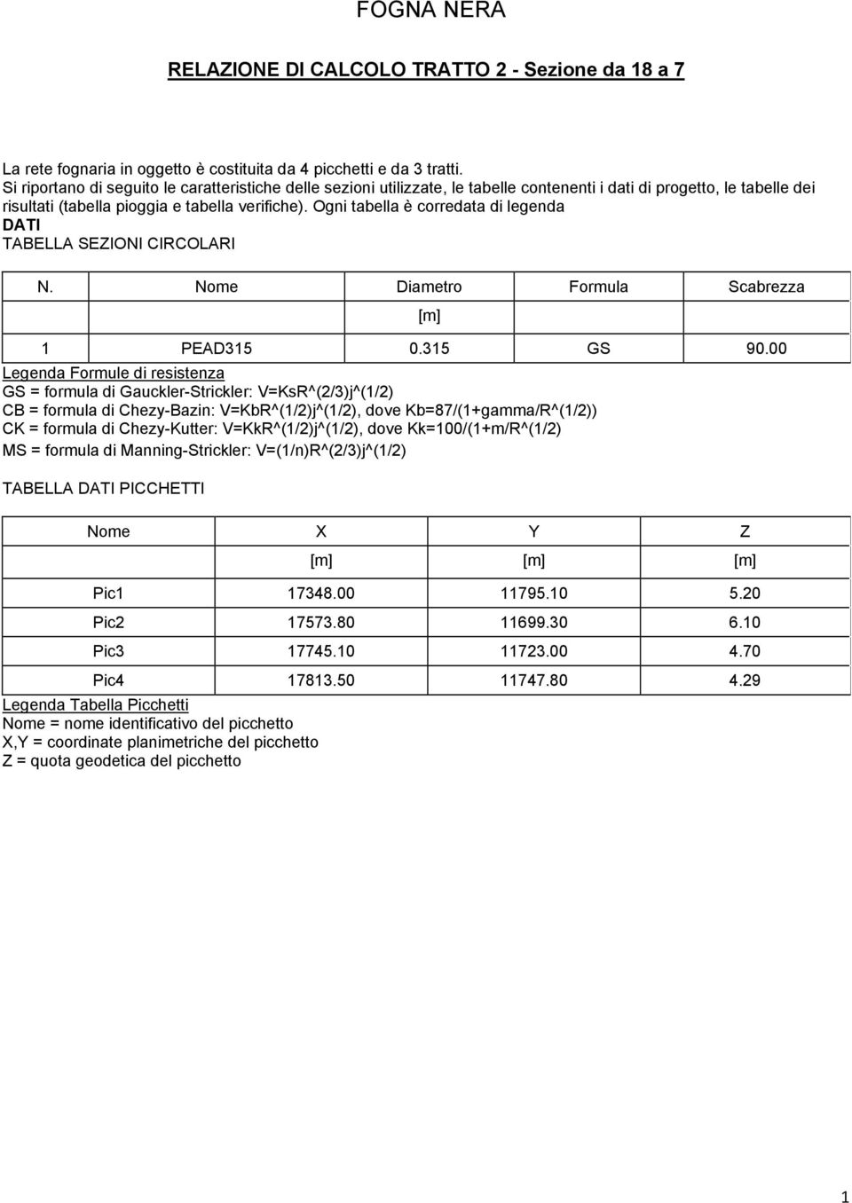 Ogni tabella è corredata di legenda DATI TABELLA SEZIONI CIRCOLARI N. Nome Diametro Formula Scabrezza 1 PEAD315 0.315 GS 90.