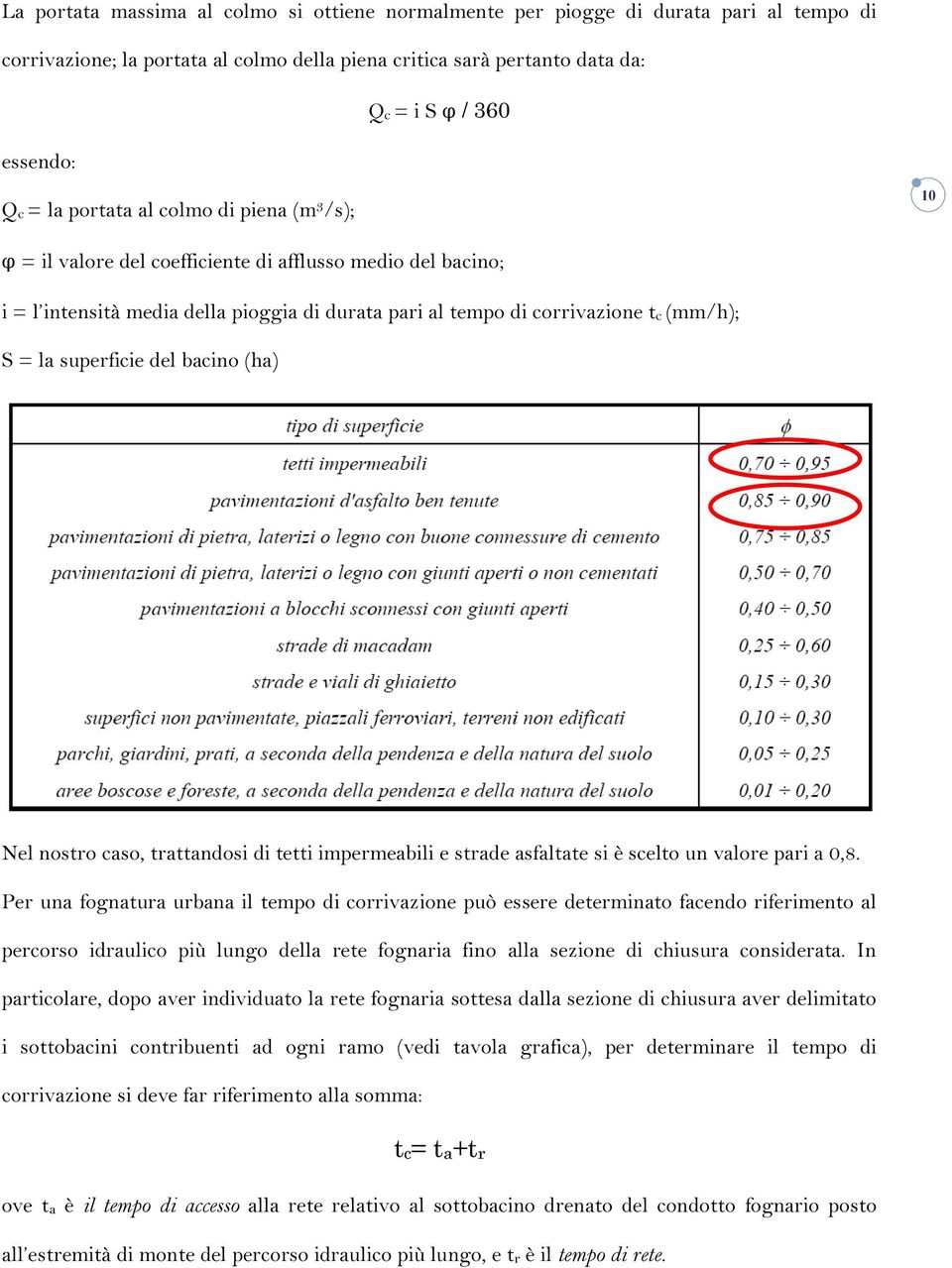 superficie del bacino (ha) Nel nostro caso, trattandosi di tetti impermeabili e strade asfaltate si è scelto un valore pari a 0,8.