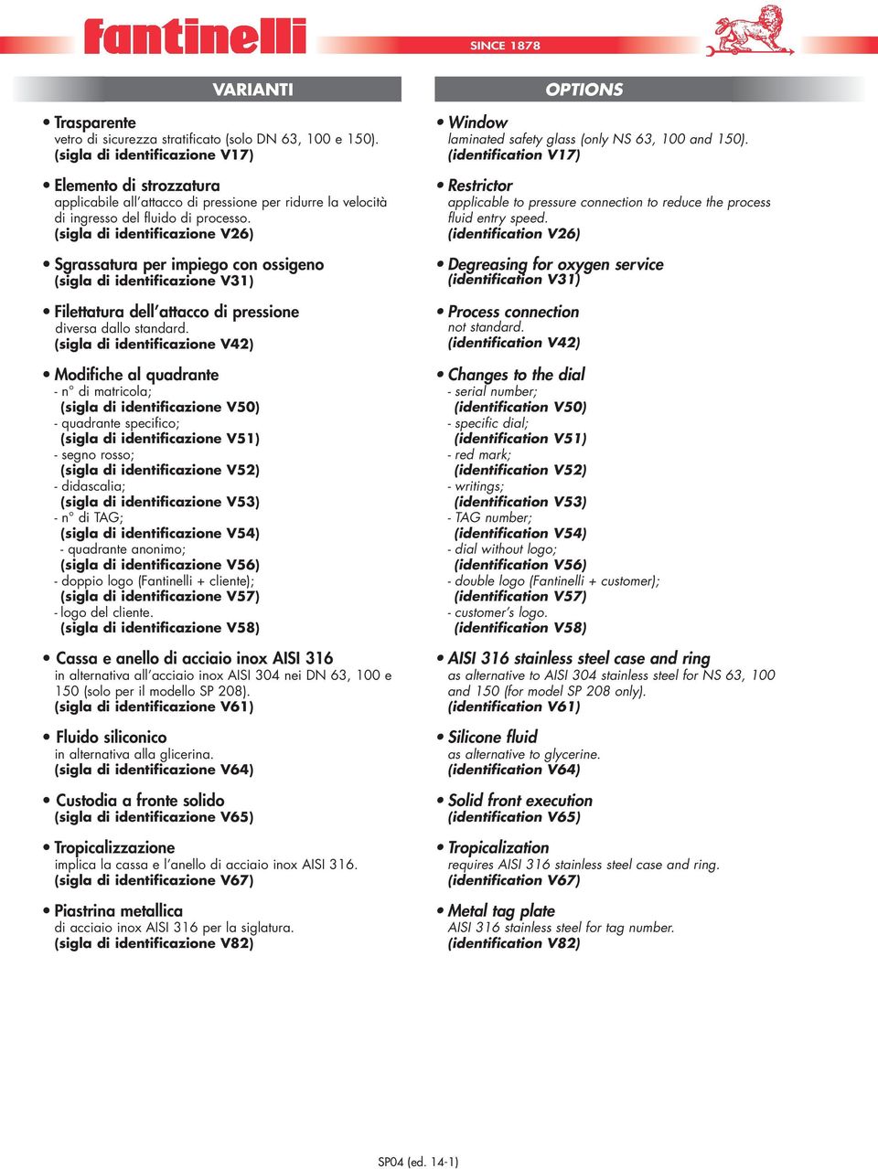 (sigla di identificazione V26) Sgrassatura per impiego con ossigeno (sigla di identificazione V31) Filettatura dell attacco di pressione diversa dallo standard.