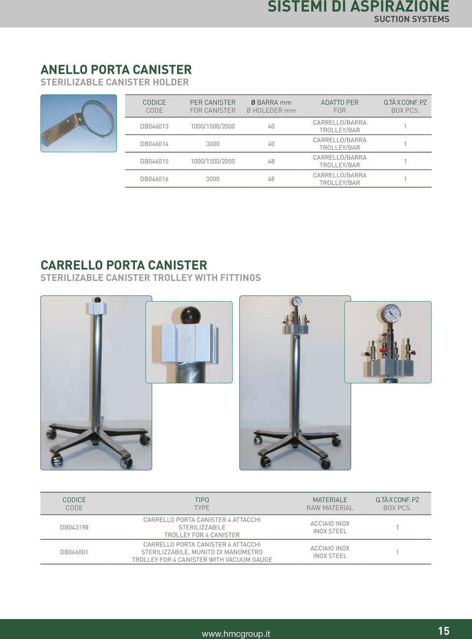 CARRELLO PORTA CANISTER STERILIZABLE CANISTER TROLLEY WITH FITTINGS TIPO TYPE MATERIALE RAW MATERIAL DB043198 CARRELLO PORTA CANISTER 4 ATTACCHI STERILIZZABILE TROLLEY FOR 4 CANISTER
