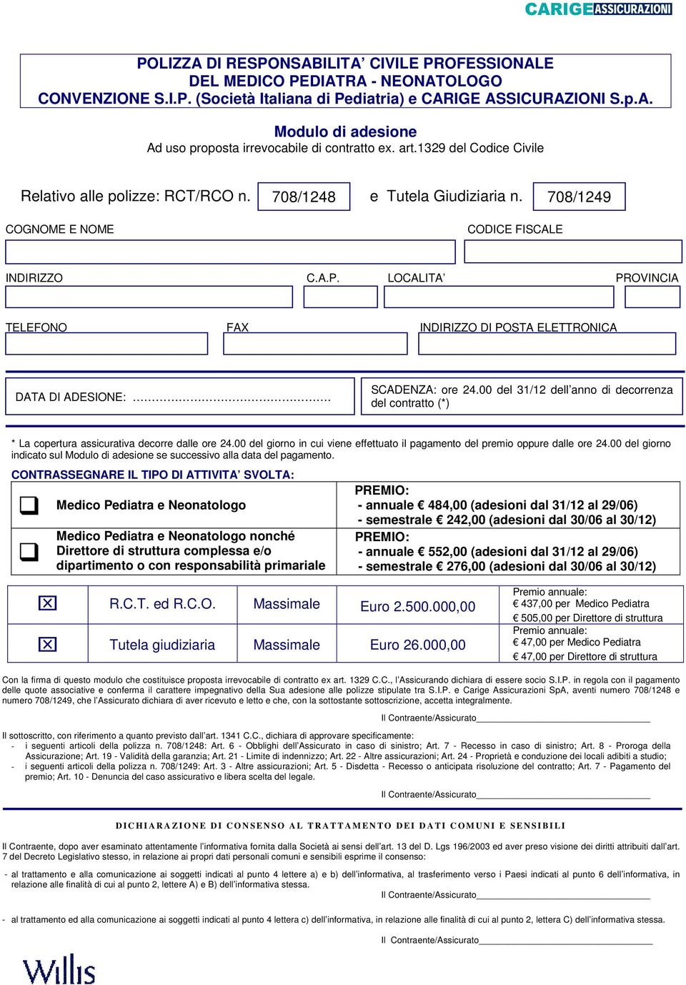 LOCALITA PROVINCIA TELEFONO FAX INDIRIZZO DI POSTA ELETTRONICA DATA DI ADESIONE:. SCADENZA: ore 24.