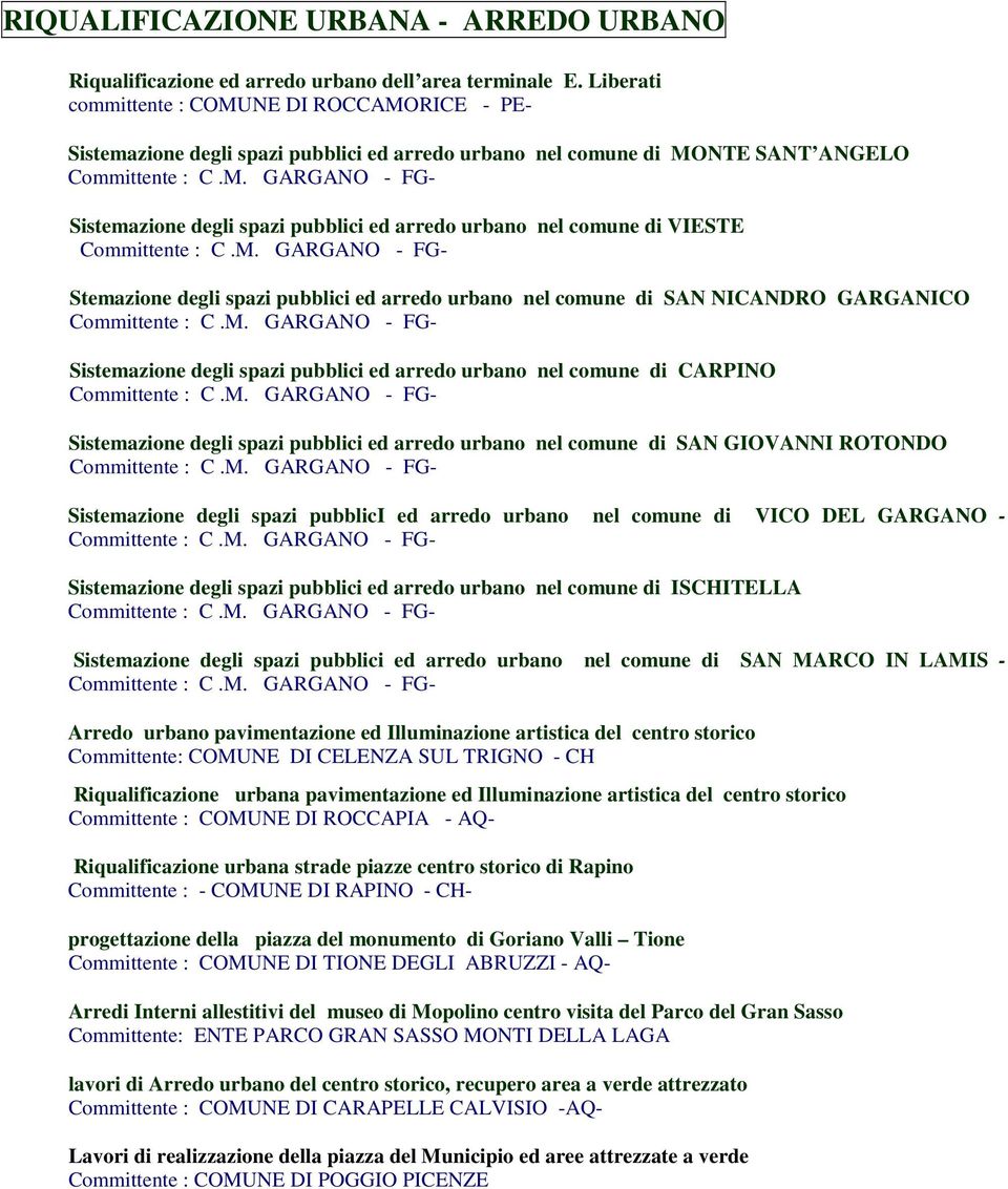 VIESTE Stemazione degli spazi pubblici ed arredo urbano nel comune di SAN NICANDRO GARGANICO Sistemazione degli spazi pubblici ed arredo urbano nel comune di CARPINO Sistemazione degli spazi pubblici