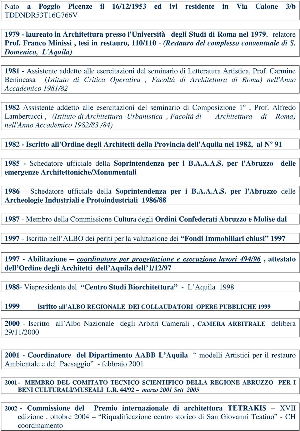 Carmine Benincasa (Istituto di Critica Operativa, Facoltà di Architettura di Roma) nell'anno Accademico 1981/82 1982 Assistente addetto alle esercitazioni del seminario di Composizione 1, Prof.