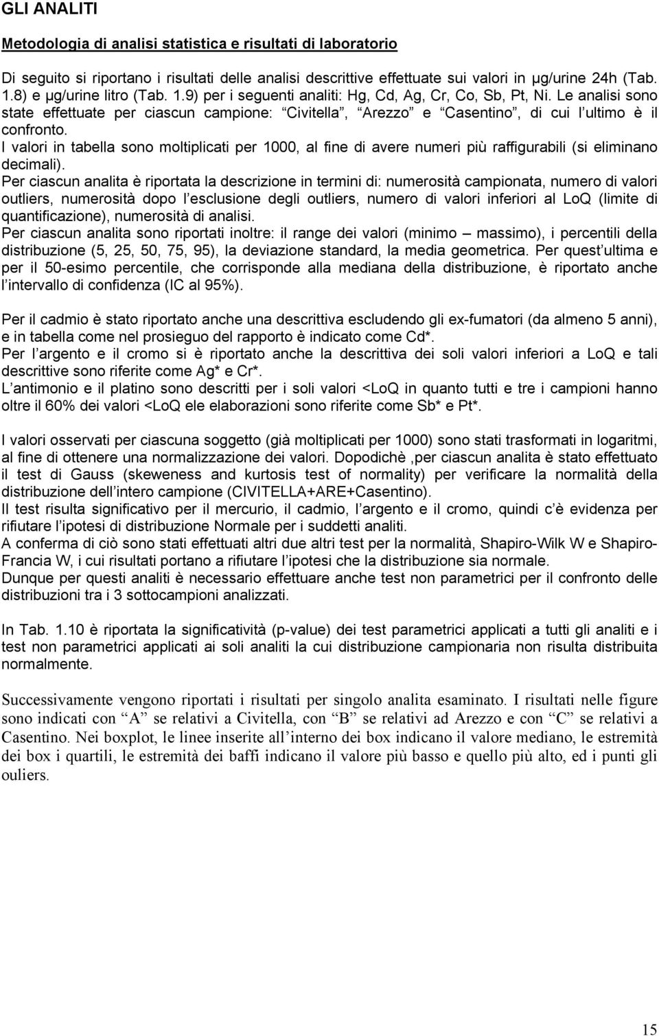 Le analisi sono state effettuate per ciascun campione: Civitella, Arezzo e Casentino, di cui l ultimo è il confronto.