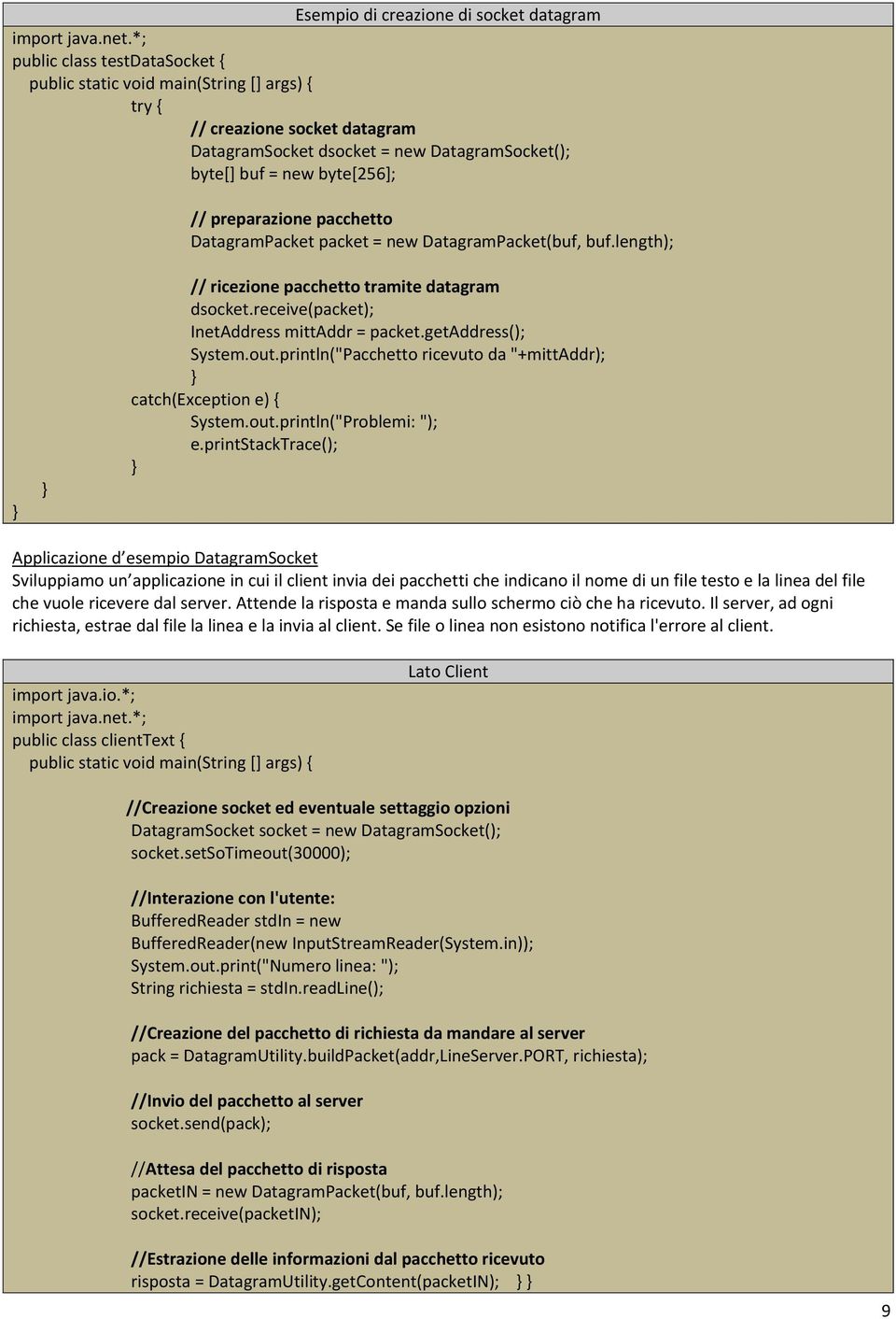 preparazione pacchetto DatagramPacket packet = new DatagramPacket(buf, buf.length); // ricezione pacchetto tramite datagram dsocket.receive(packet); InetAddress mittaddr = packet.getaddress(); System.