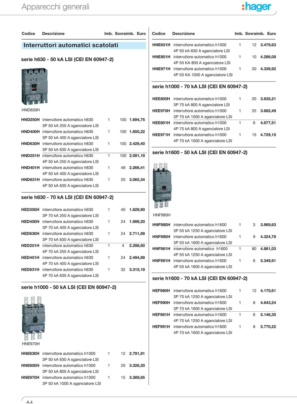 339,9 4P 50 KA 1000 A sganciatore LSI serie h1000 70 ka LSI (CEI EN 60947) HND630H HND50H interruttore automatico h630 1 100 1.