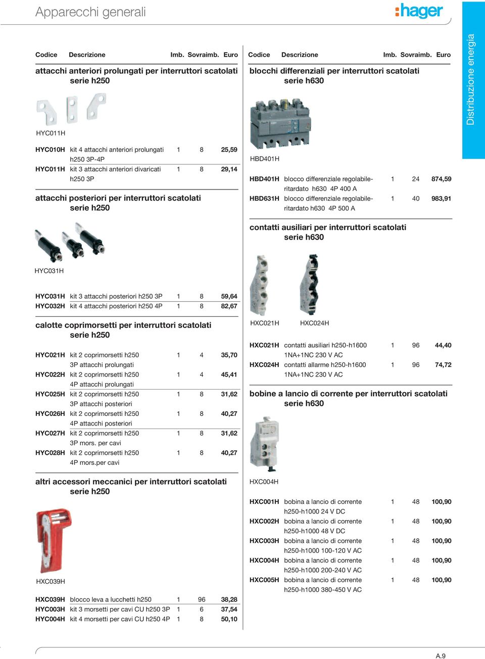 regolabile 1 4 874,59 ritardato h630 4P 400 A HBD631H blocco differenziale regolabile 1 40 983,91 ritardato h630 4P 500 A contatti ausiliari per interruttori scatolati serie h630 HYC031H HYC031H kit