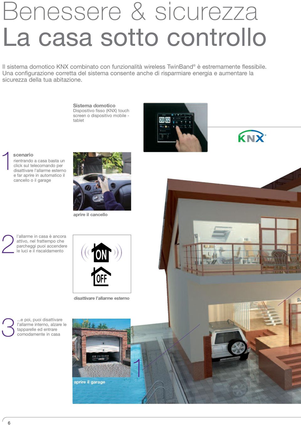 Sistema domotico Dispositivo fisso (KNX) touch screen o dispositivo mobile tablet 1scenario rientrando a casa basta un click sul telecomando per disattivare l'allarme esterno e far aprire in