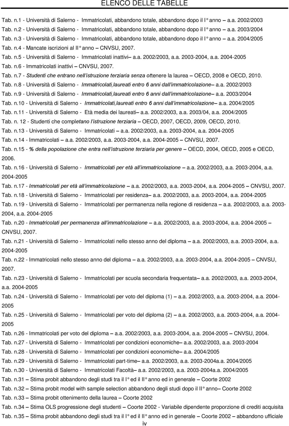 a. 2002/2003, a.a. 2003-2004, a.a. 2004-2005 Tab. n.6 - Immatricolati inattivi CNVSU, 2007. Tab. n.7 - Studenti che entrano nell istruzione terziaria senza ottenere la laurea OECD, 2008 e OECD, 2010.