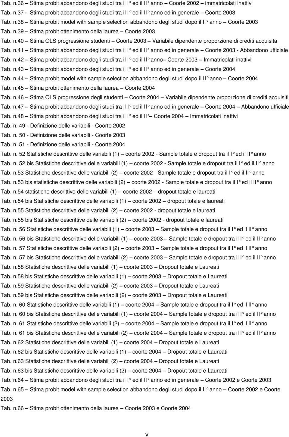 39 Stima probit ottenimento della laurea Coorte 2003 Tab. n.40 Stima OLS progressione studenti Coorte 2003 Variabile dipendente proporzione di crediti acquisita Tab. n.41 Stima probit abbandono degli studi tra il I ed il II anno ed in generale Coorte 2003 - Abbandono ufficiale Tab.