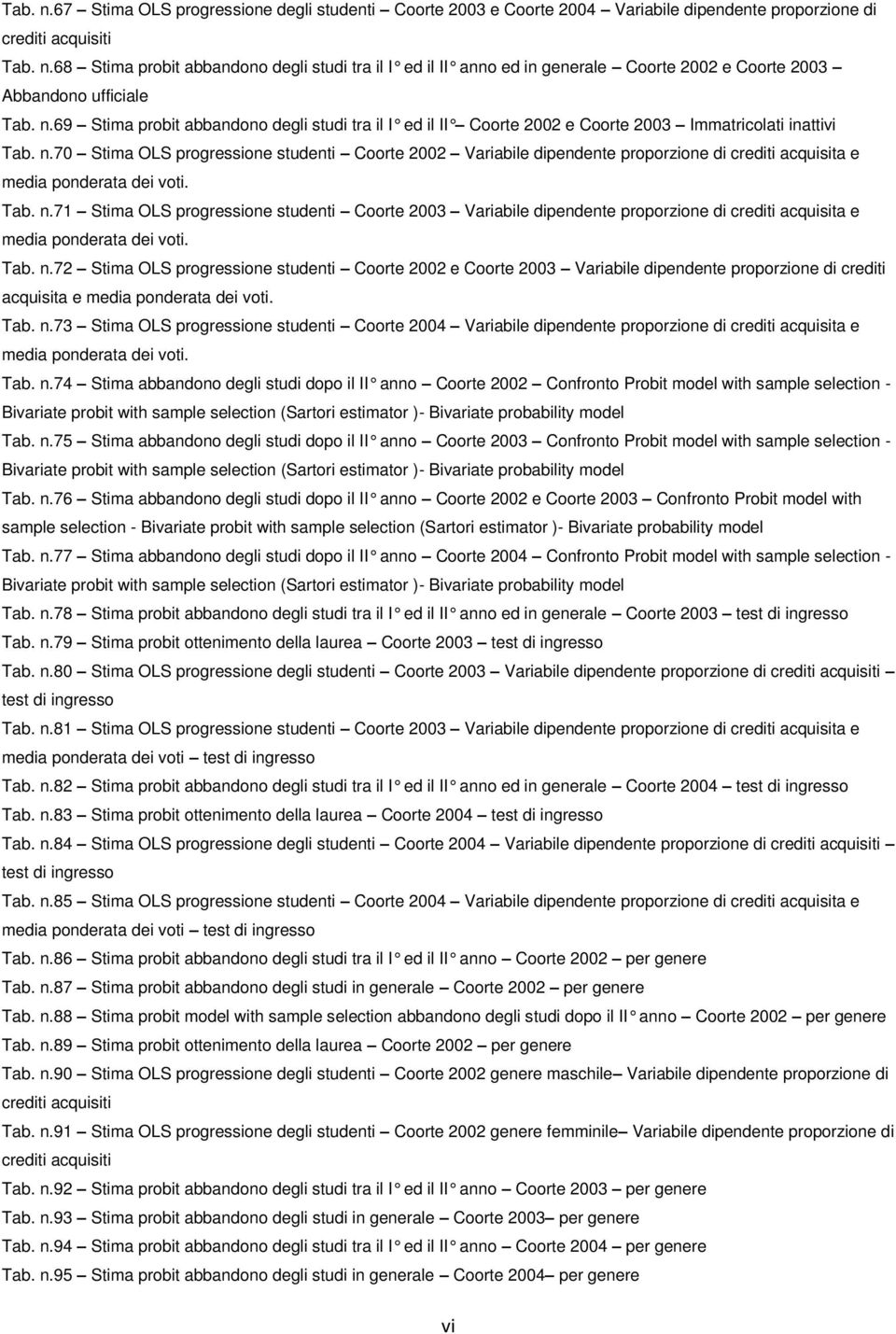 70 Stima OLS progressione studenti Coorte 2002 Variabile dipendente proporzione di crediti acquisita e media ponderata dei voti. Tab. n.