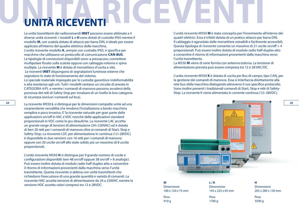 L unità ricevente modello K, sempre con custodia IP65, è specifica per macchine che utilizzano un protocollo di comunicazione CAN-BUS.