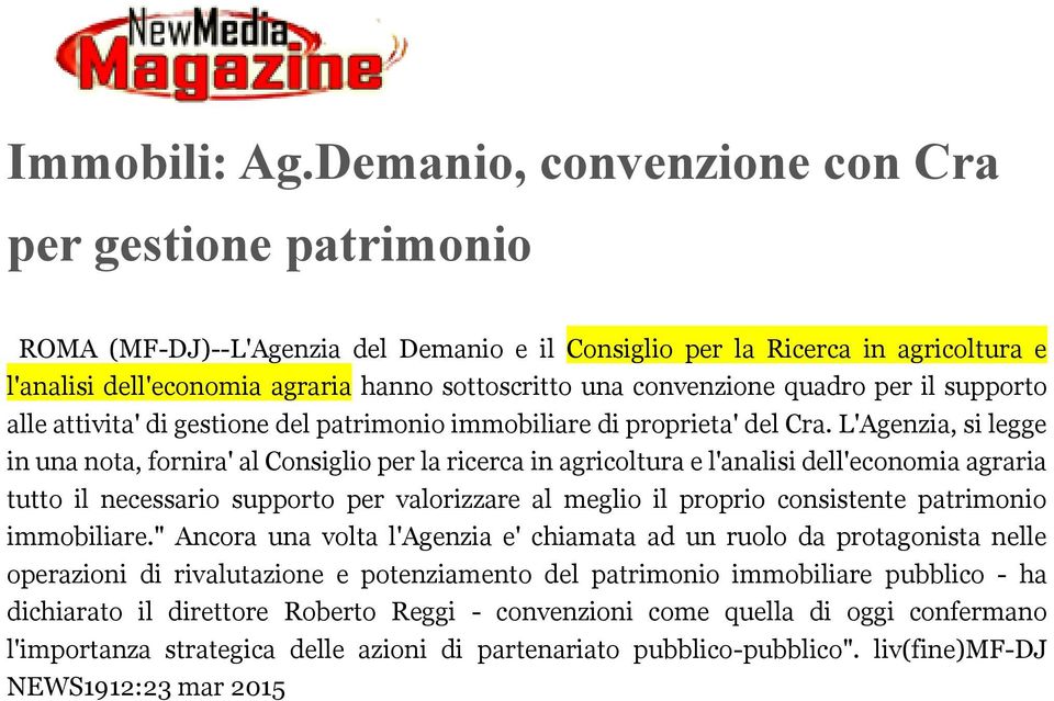 convenzione quadro per il supporto alle attivita' di gestione del patrimonio immobiliare di proprieta' del Cra.