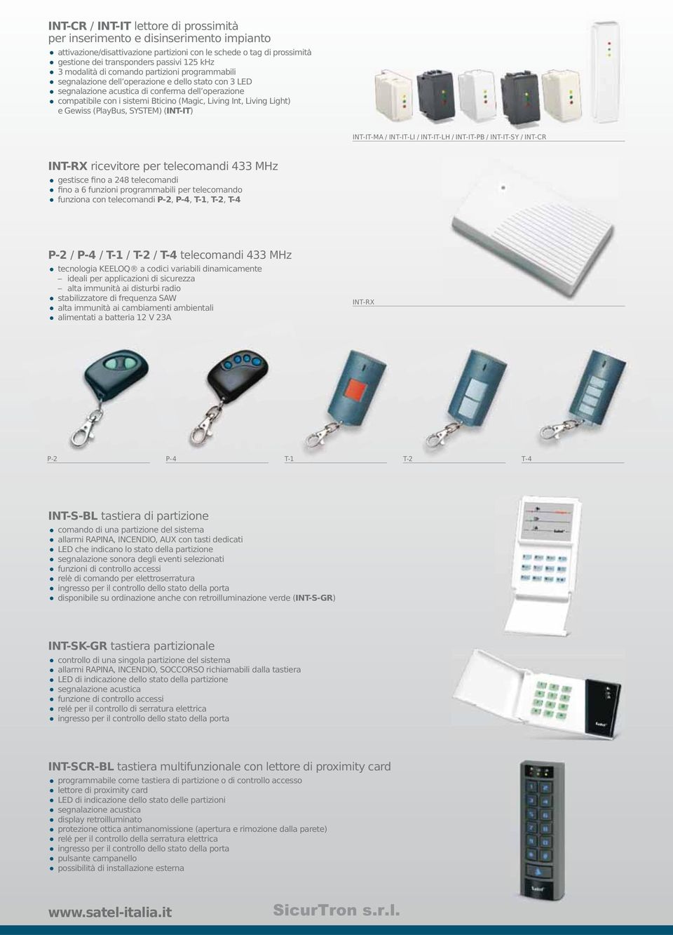 Int, Living Light) e Gewiss (PlayBus, SYSTEM) (INT-IT) INT-IT-MA / INT-IT-LI / INT-IT-LH / INT-IT-PB / INT-IT-SY / INT-CR INT-RX ricevitore per telecomandi 433 MHz gestisce fino a 248 telecomandi