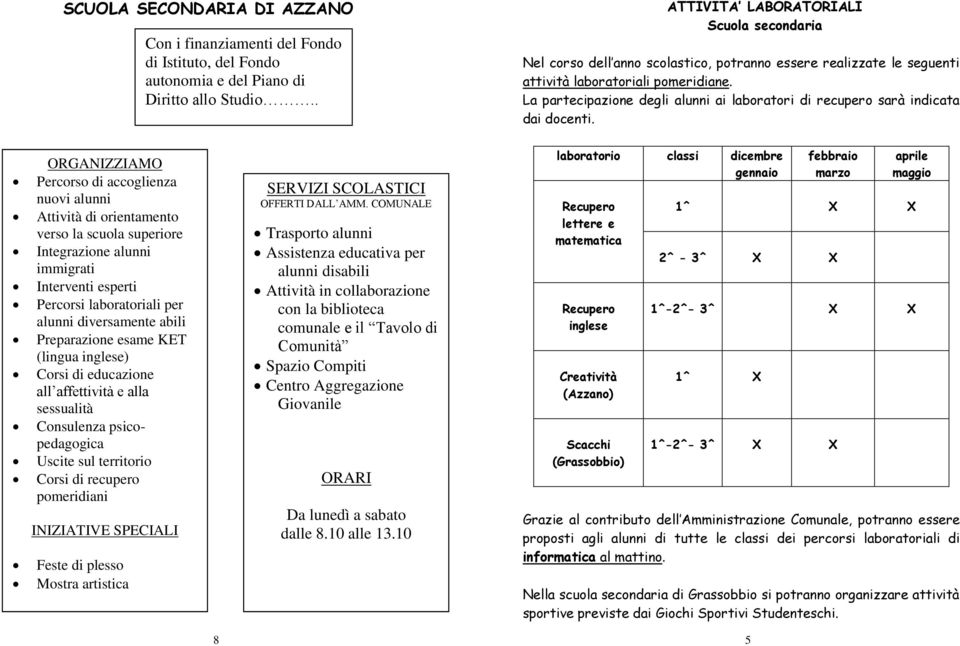 La partecipazione degli alunni ai laboratori di recupero sarà indicata dai docenti.