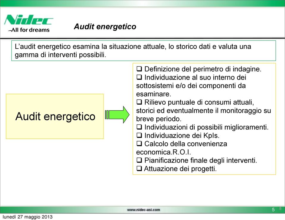 Rilievo puntuale di consumi attuali, storici ed eventualmente il monitoraggio su breve periodo. Individuazioni di possibili miglioramenti.