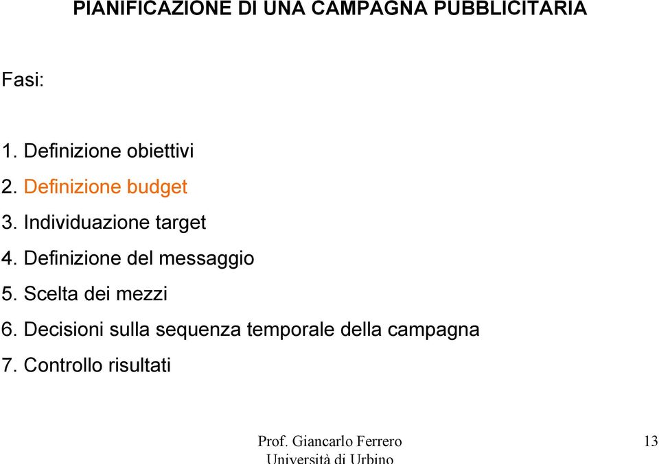 Individuazione target 4. Definizione del messaggio 5.