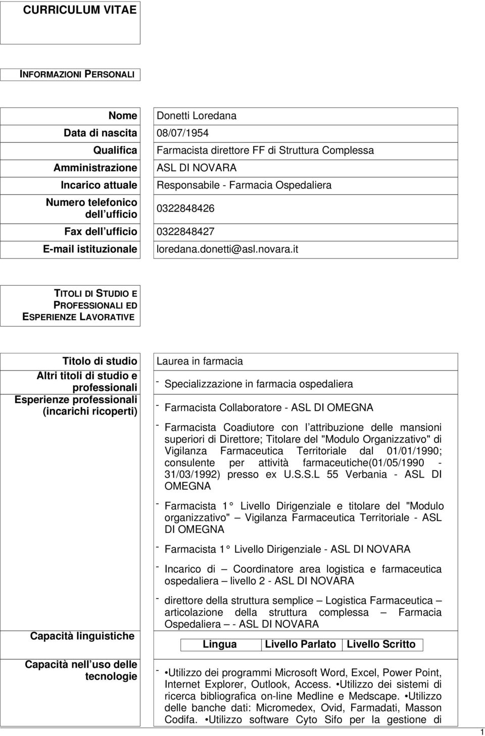 it TITOLI DI STUDIO E PROFESSIONALI ED ESPERIENZE LAVORATIVE Titolo di studio Altri titoli di studio e professionali Esperienze professionali (incarichi ricoperti) Laurea in farmacia -