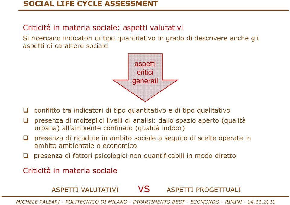 analisi: dallo spazio aperto (qualità urbana) all ambiente confinato (qualità indoor) presenza di ricadute in ambito sociale a seguito di scelte operate in