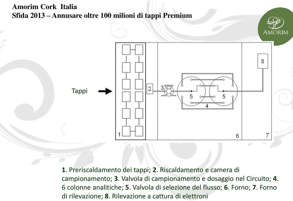 Valvola di campionamento e dosaggio nel Circuito; 4. 6 colonne analitiche; 5.