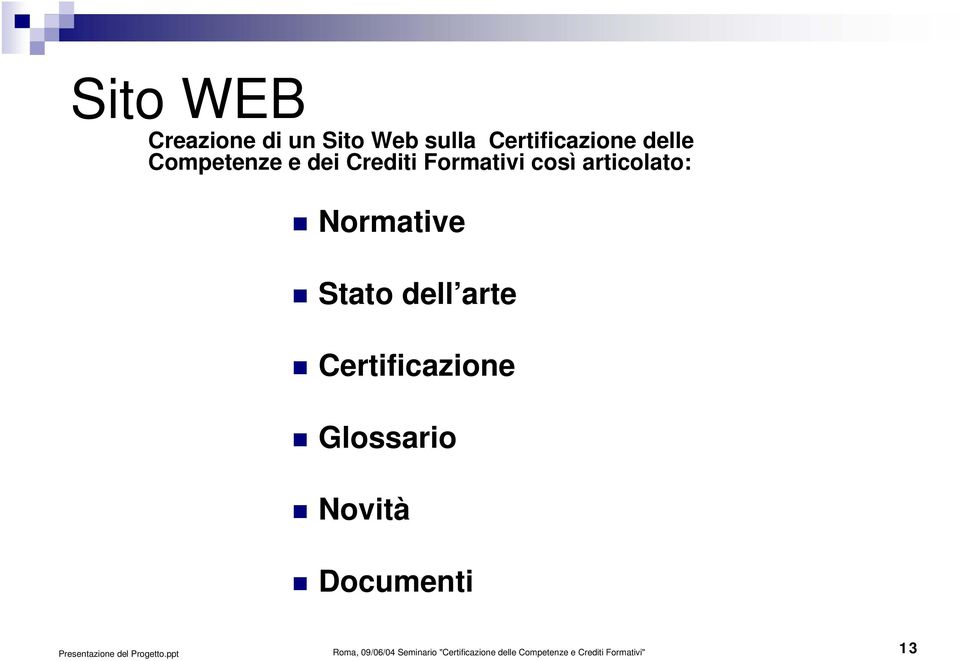 Stato dell arte Certificazione Glossario Novità Documenti Roma,