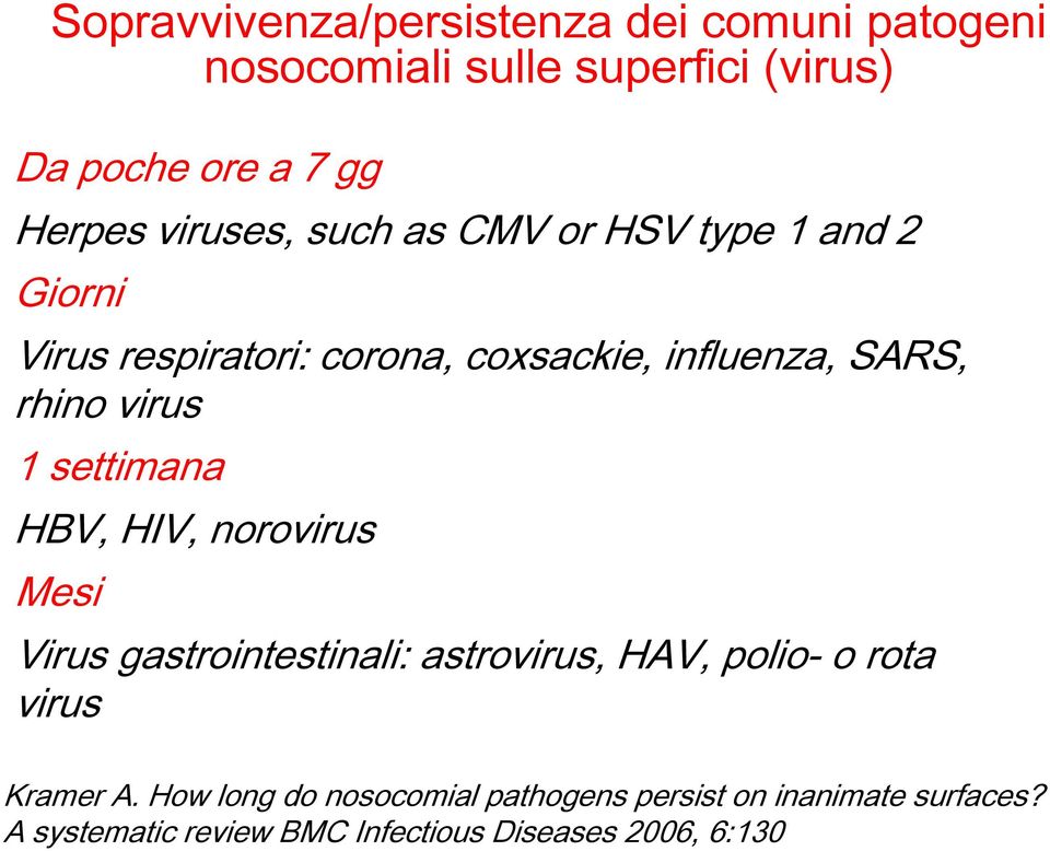 virus 1 settimana HBV, HIV, norovirus Mesi Virus gastrointestinali: astrovirus, HAV, polio- o rota virus Kramer