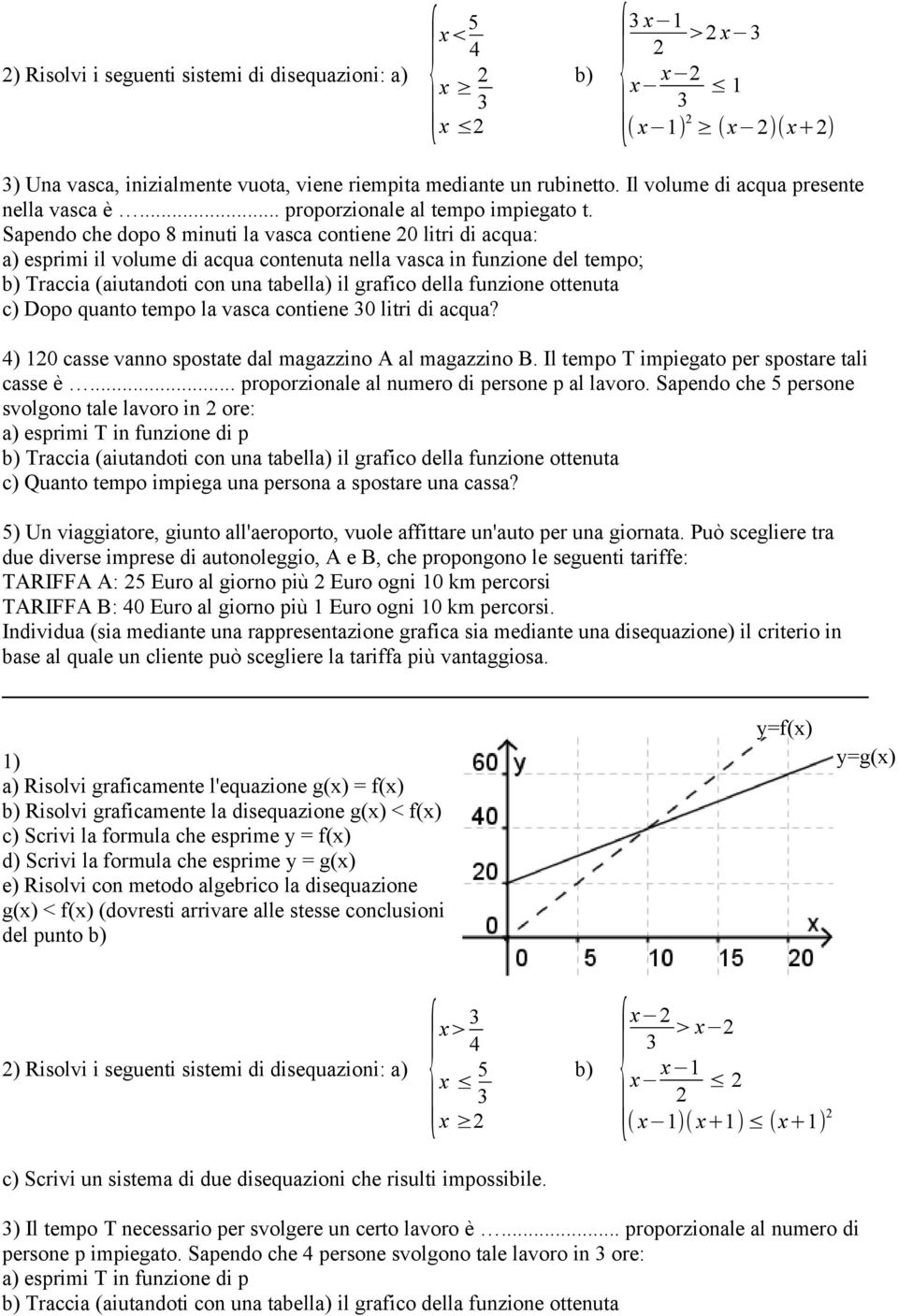 Sapendo che dopo 8 minuti la vasca contiene 0 litri di acqua: a) esprimi il volume di acqua contenuta nella vasca in funzione del tempo; b) Traccia (aiutandoti con una tabella) il grafico della