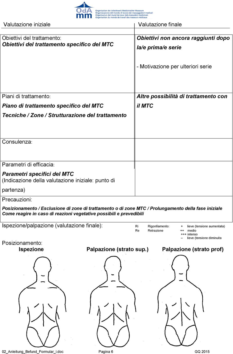 specifici del MTC (Indicazione della valutazione iniziale: punto di partenza) Precauzioni: Posizionamento / Esclusione di zone di trattamento o di zone MTC / Prolungamento della fase iniziale Come