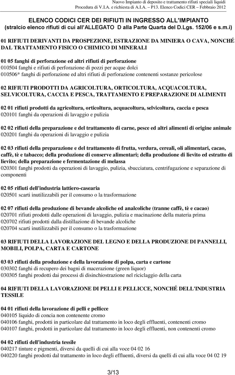 rifiuti di perforazione di pozzi per acque dolci 010506* fanghi di perforazione ed altri rifiuti di perforazione contenenti sostanze pericolose 02 RIFIUTI PRODOTTI DA AGRICOLTURA, ORTICOLTURA,