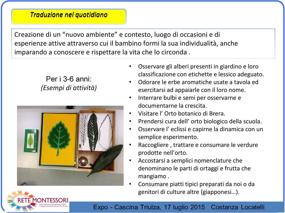 Odorare le erbe aromatiche usate a tavola ed esercitarsi ad appaiarle con il loro nome. Interrare bulbi e semi per osservarne e documentarne la crescita. Visitare l Orto botanico di Brera.