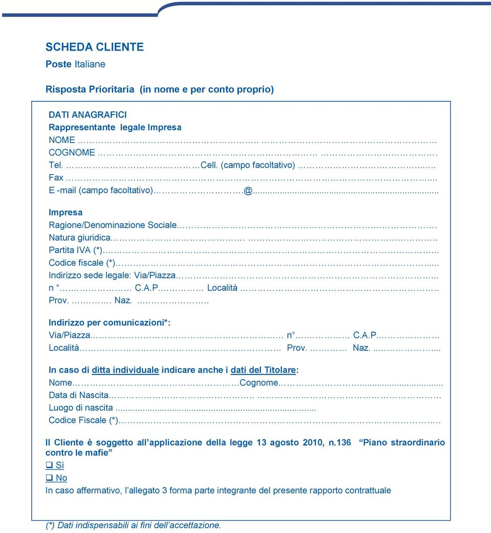 .. Naz..... Indirizzo per comunicazioni*: Via/Piazza n. C.A.P. Località Prov.. Naz...... In caso di ditta individuale indicare anche i dati del Titolare: Nome Cognome.... Data di Nascita.