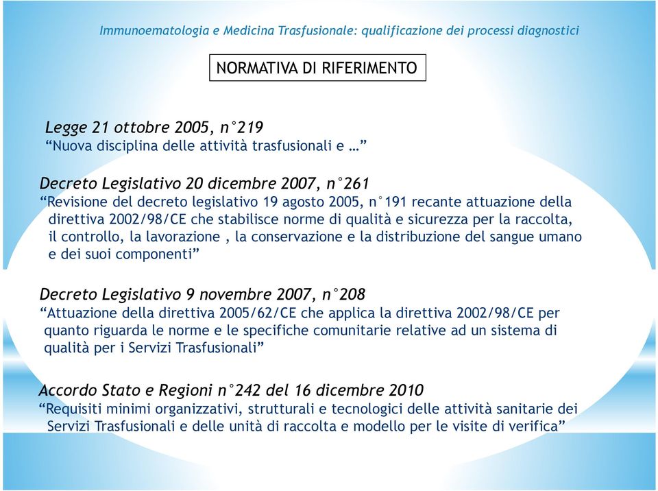 suoi componenti Decreto Legislativo 9 novembre 2007, n 208 Attuazione della direttiva 2005/62/CE che applica la direttiva 2002/98/CE per quanto riguarda le norme e le specifiche comunitarie relative