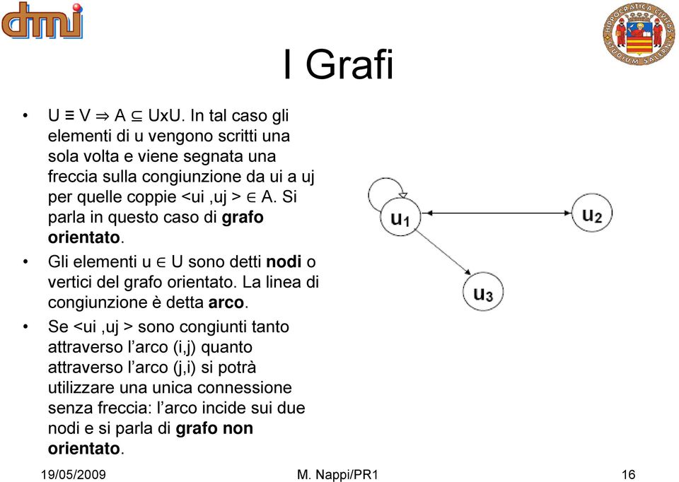 coppie <ui,uj > A. Si parla in questo caso di grafo orientato. Gli elementi u U sono detti nodi o vertici del grafo orientato.