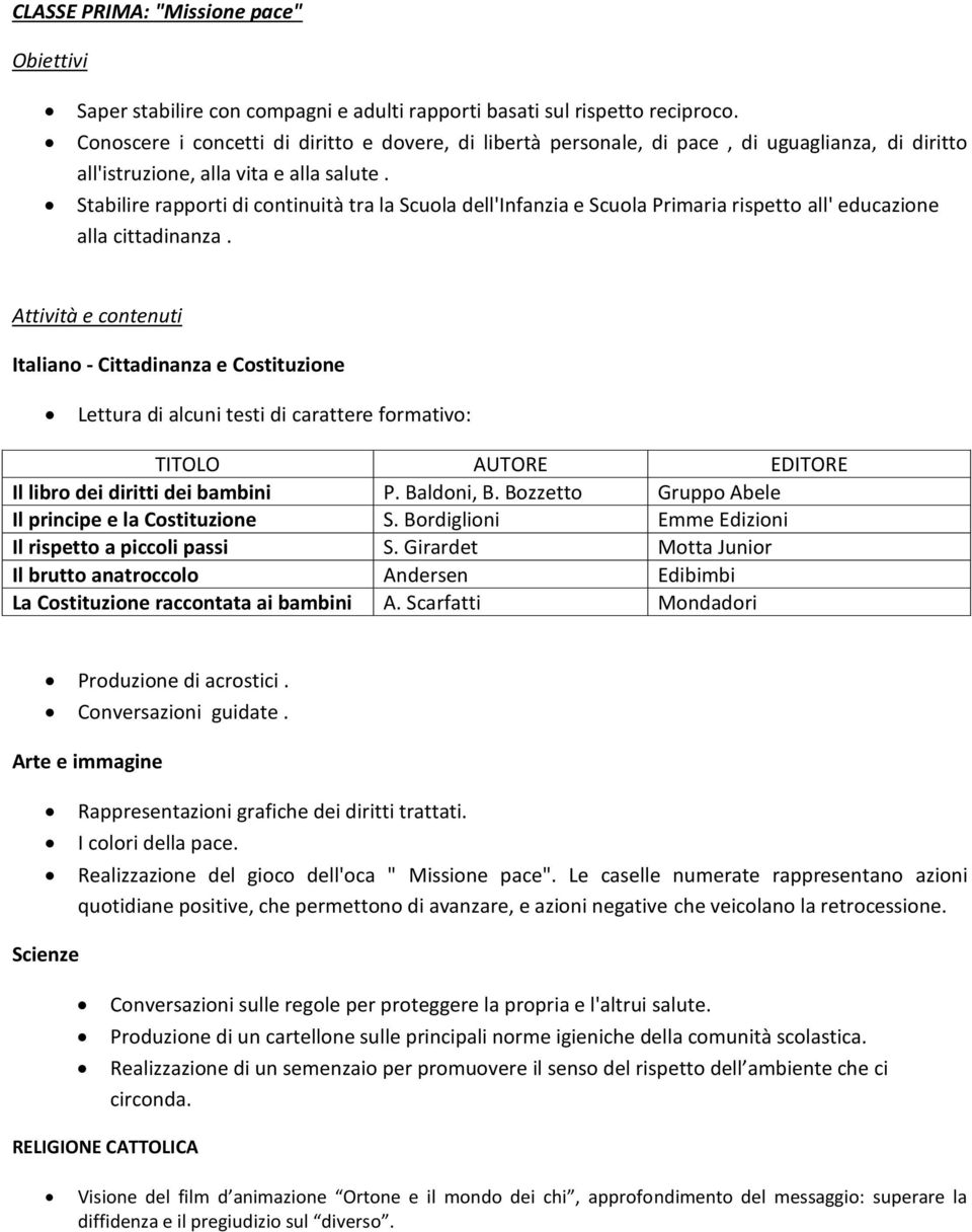 Stabilire rapporti di continuità tra la Scuola dell'infanzia e Scuola Primaria rispetto all' educazione alla cittadinanza.