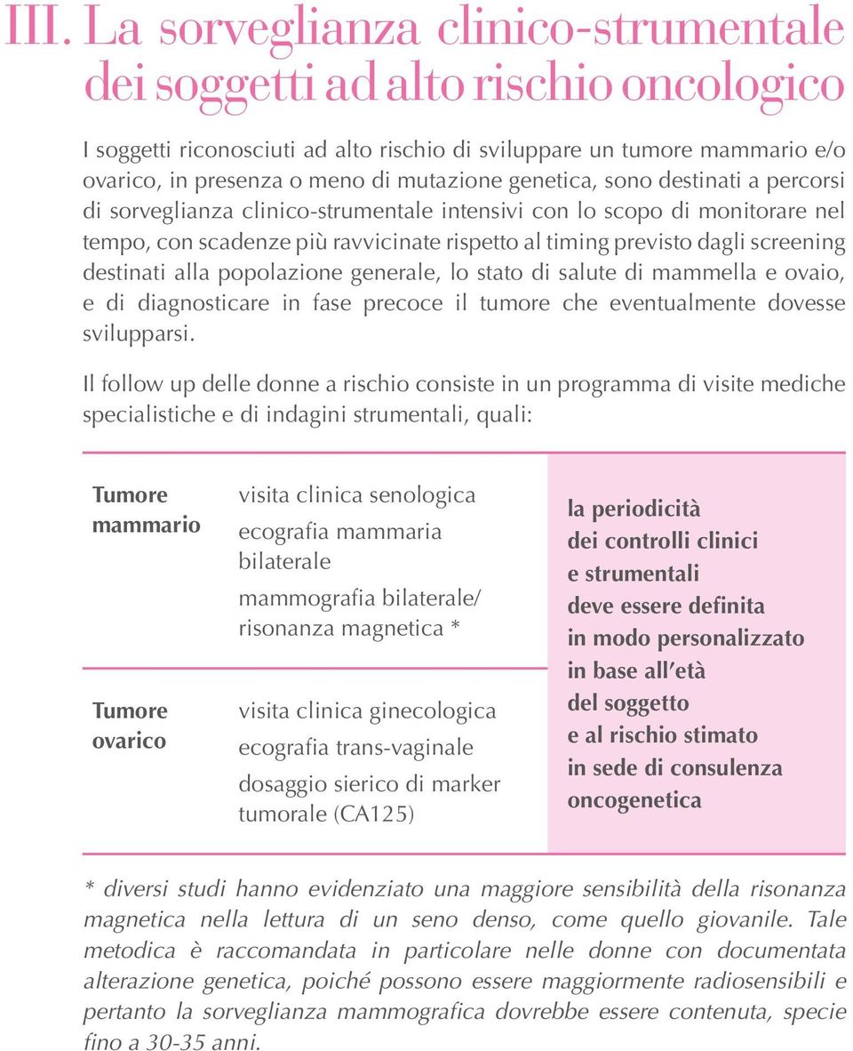 destinati alla popolazione generale, lo stato di salute di mammella e ovaio, e di diagnosticare in fase precoce il tumore che eventualmente dovesse svilupparsi.