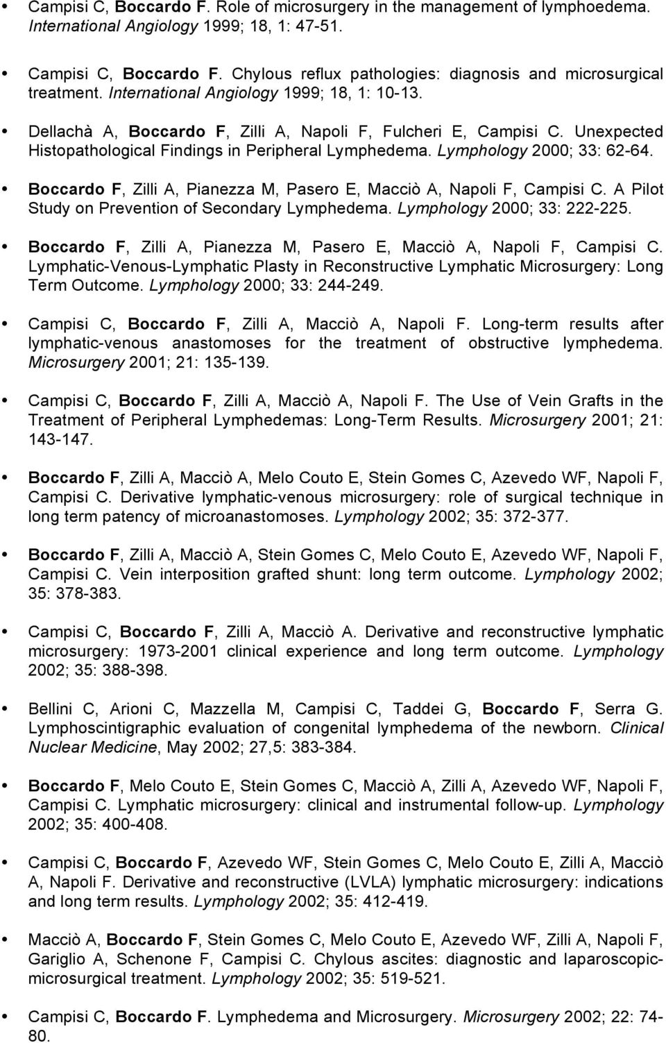 Unexpected Histopathological Findings in Peripheral Lymphedema. Lymphology 2000; 33: 62-64. Boccardo F, Zilli A, Pianezza M, Pasero E, Macciò A, Napoli F, Campisi C.