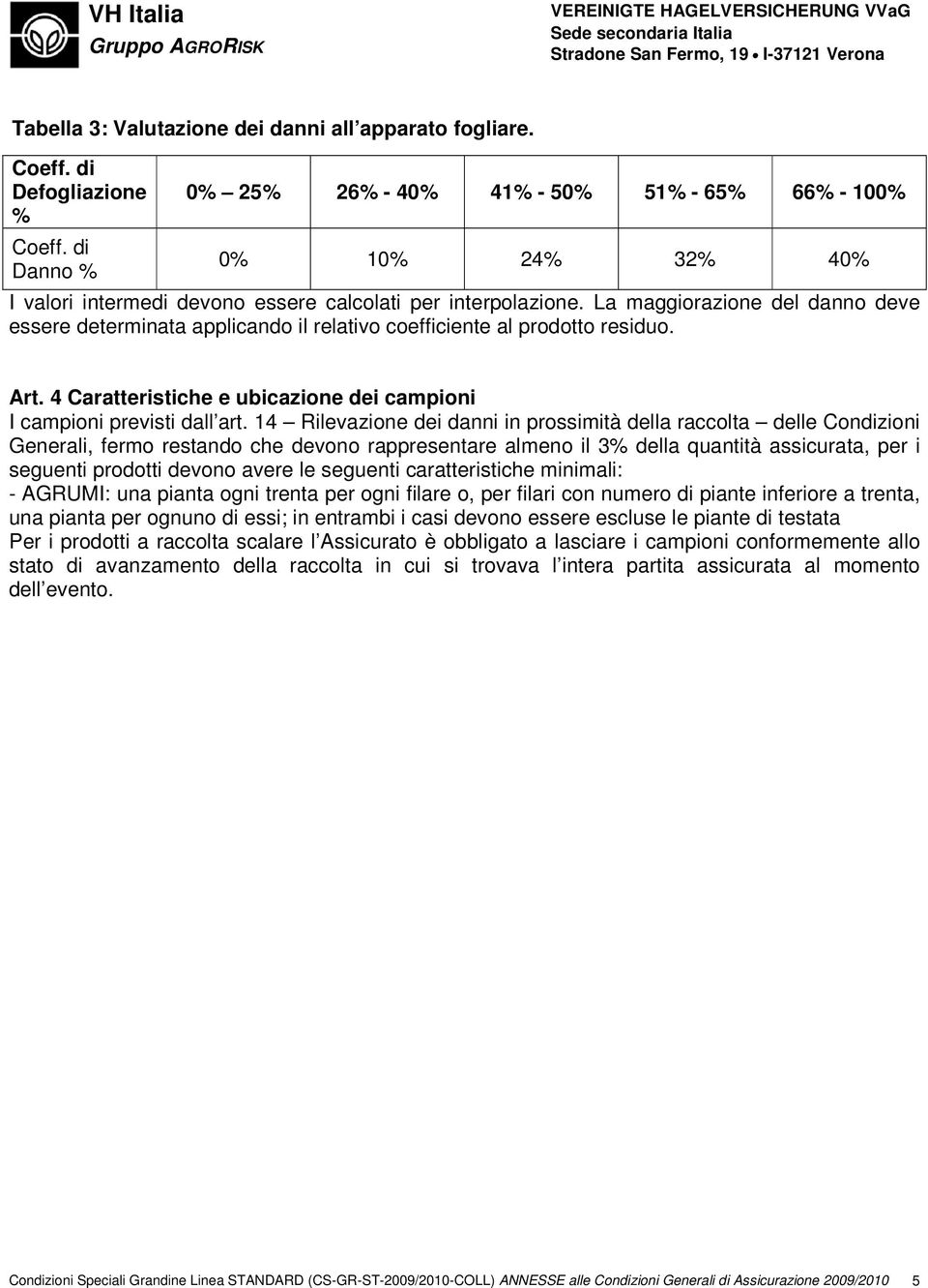 La maggiorazione del danno deve essere determinata applicando il relativo coefficiente al prodotto residuo. Art. 4 Caratteristiche e ubicazione dei campioni I campioni previsti dall art.