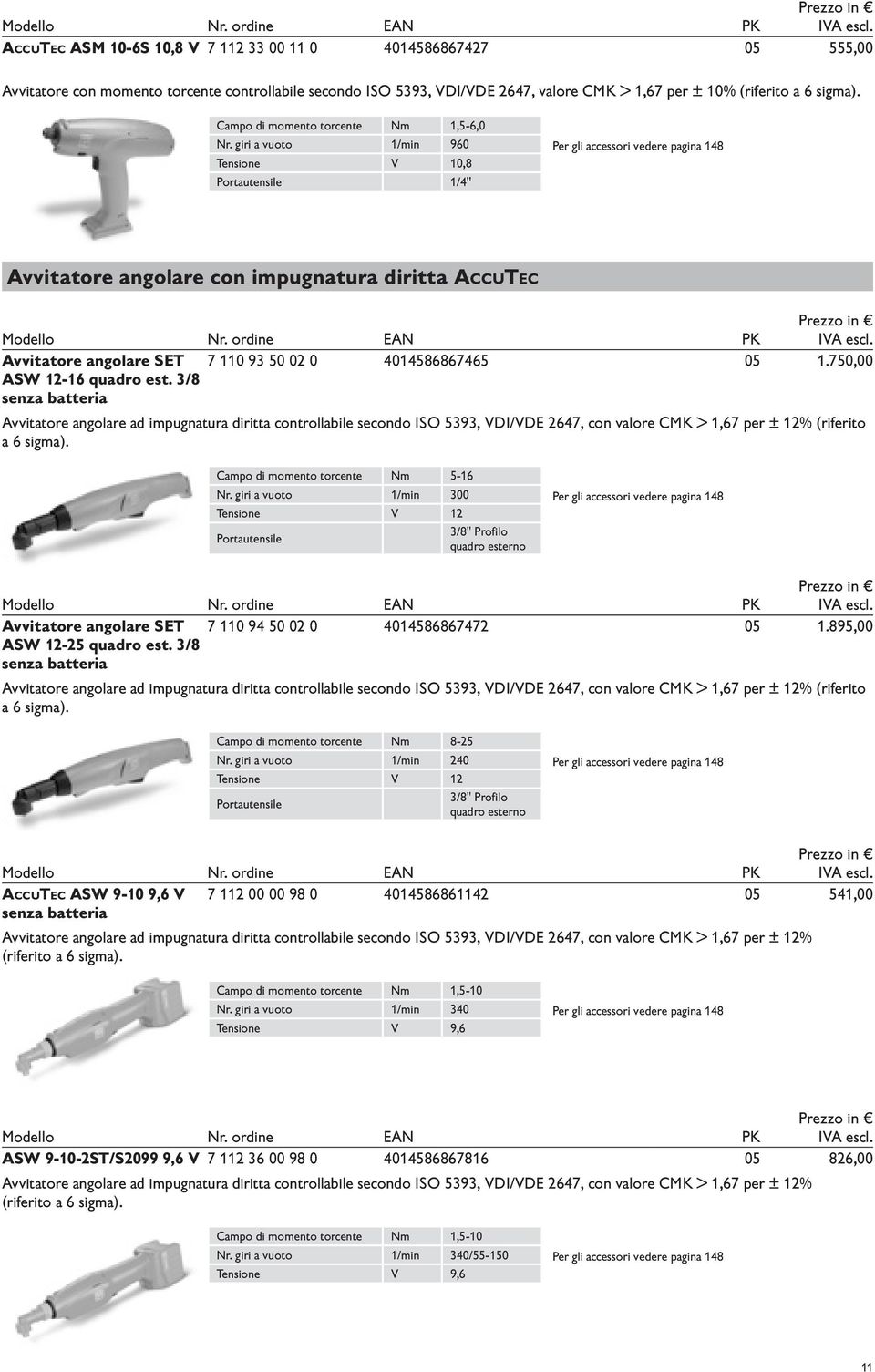 giri a vuoto 1/min 960 Tensione V 10,8 Portautensile 1/4" Per gli accessori vedere pagina 148 Avvitatore angolare con impugnatura diritta AccuTec Modello EAN PK Avvitatore angolare SET ASW 12-16