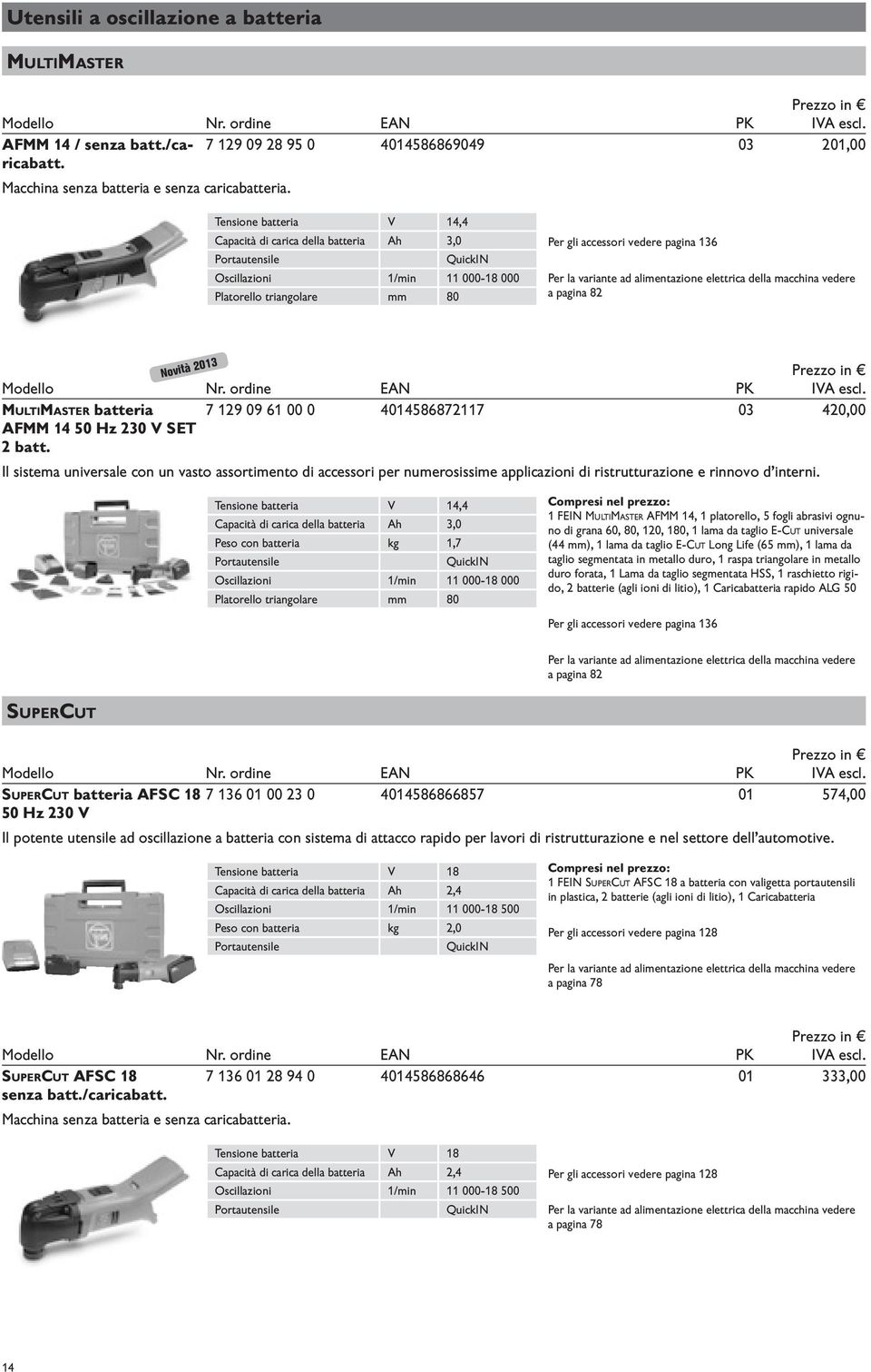 ad alimentazione elettrica della macchina vedere a pagina 82 Modello EAN PK MultiMaster batteria AFMM 14 50 Hz 230 V SET 2 batt.