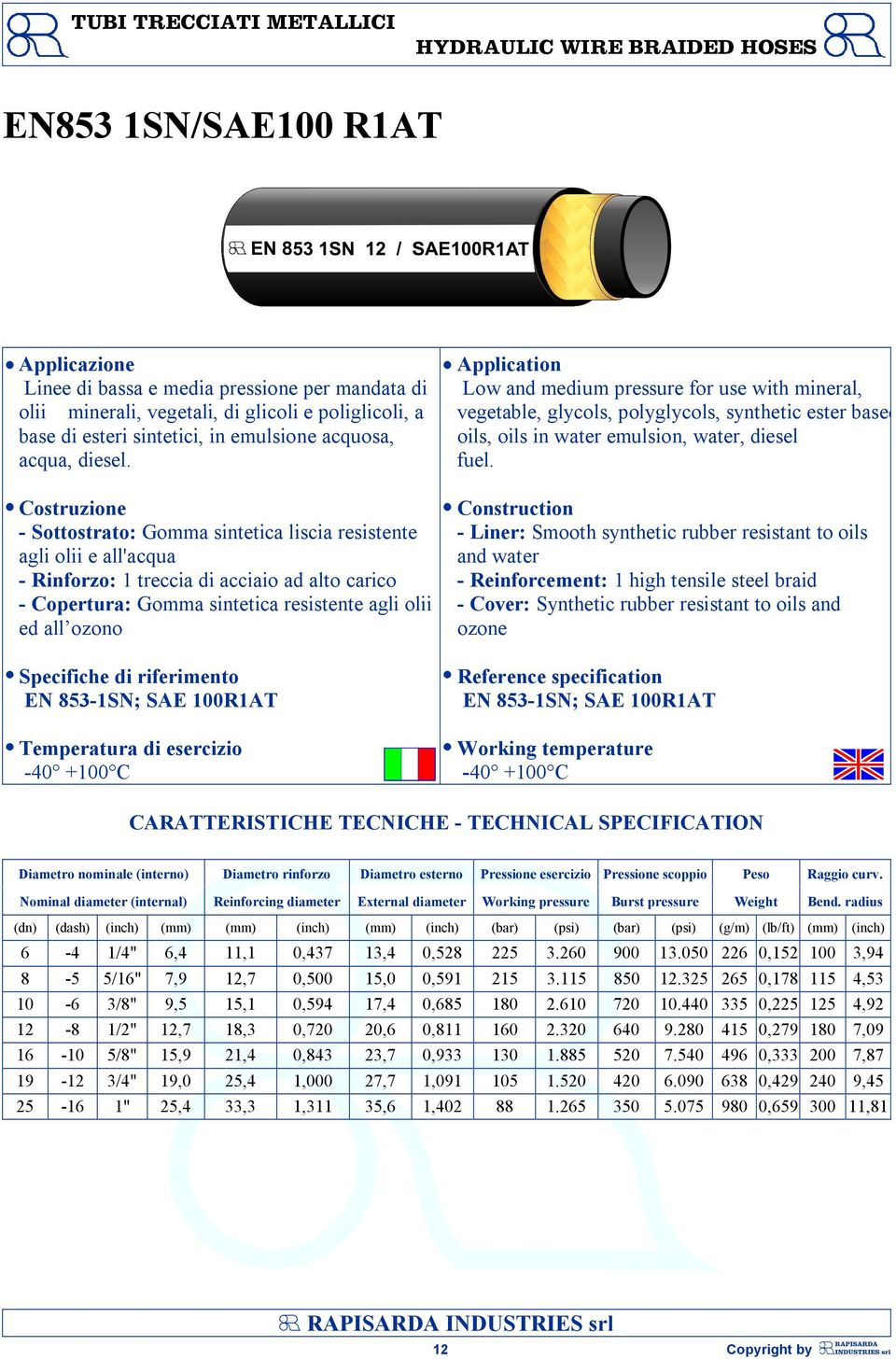 - Sottostrato: Gomma sintetica liscia resistente agli olii e all'acqua - Rinforzo: 1 treccia di acciaio ad alto carico - Copertura: Gomma sintetica resistente agli olii ed all ozono EN 853-1SN; SAE