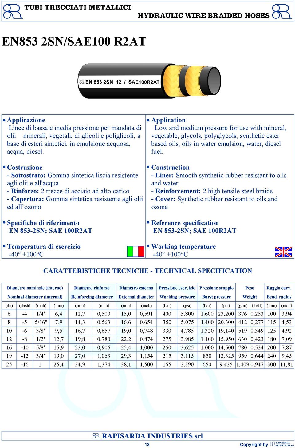 - Sottostrato: Gomma sintetica liscia resistente agli olii e all'acqua - Rinforzo: 2 trecce di acciaio ad alto carico - Copertura: Gomma sintetica resistente agli olii ed all ozono EN 853-2SN; SAE