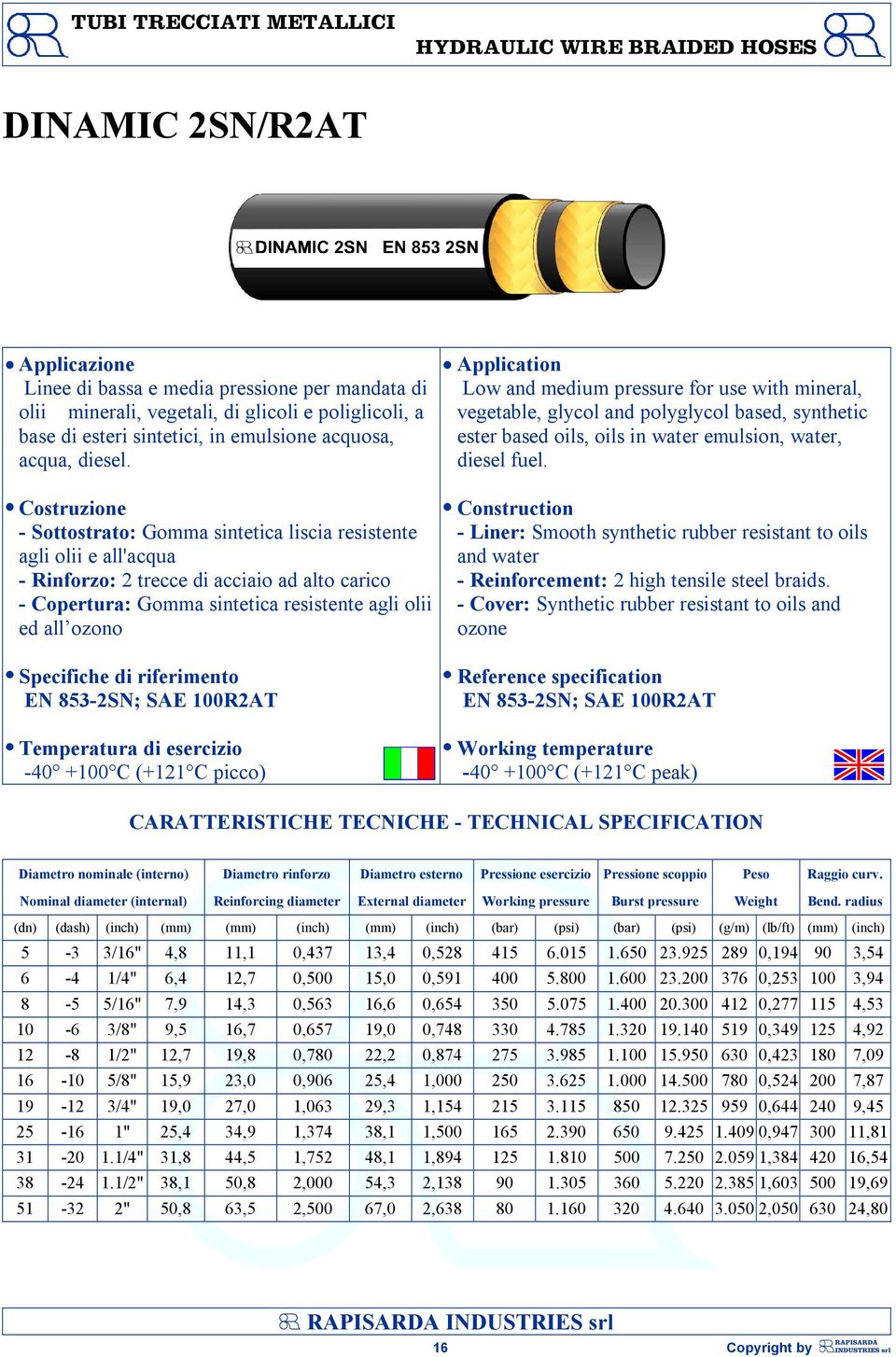 - Sottostrato: Gomma sintetica liscia resistente agli olii e all'acqua - Rinforzo: 2 trecce di acciaio ad alto carico - Copertura: Gomma sintetica resistente agli olii ed all ozono EN 853-2SN; SAE