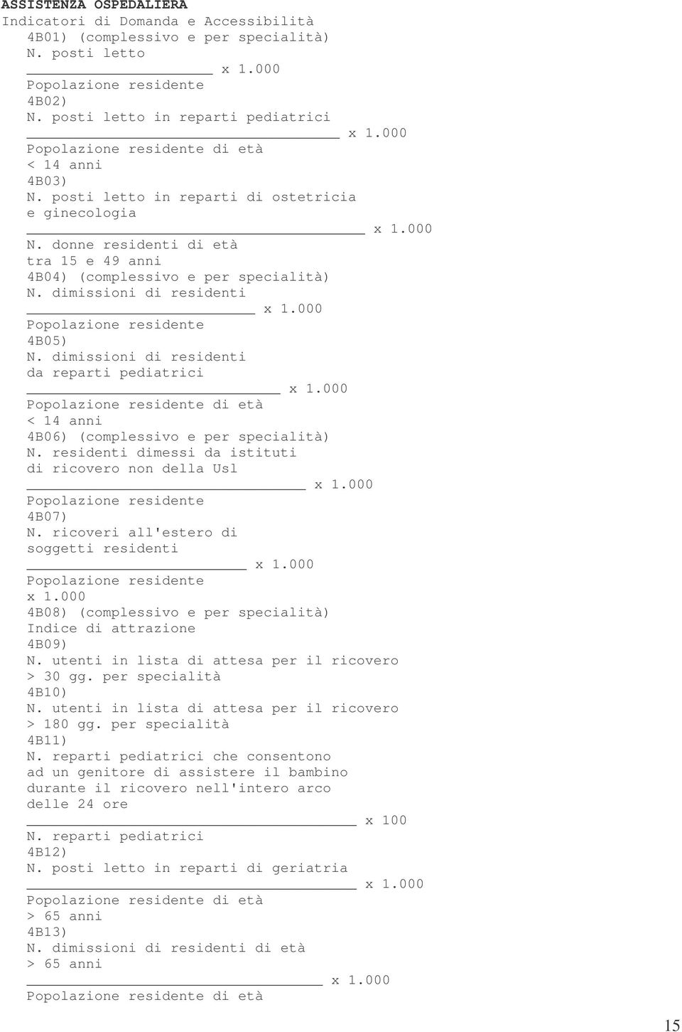 000 4B05) di residenti da reparti pediatrici x 1.000 di età < 14 anni 4B06) (complessivo e per specialità) N. residenti dimessi da istituti di ricovero non della Usl x 1.000 4B07) N.