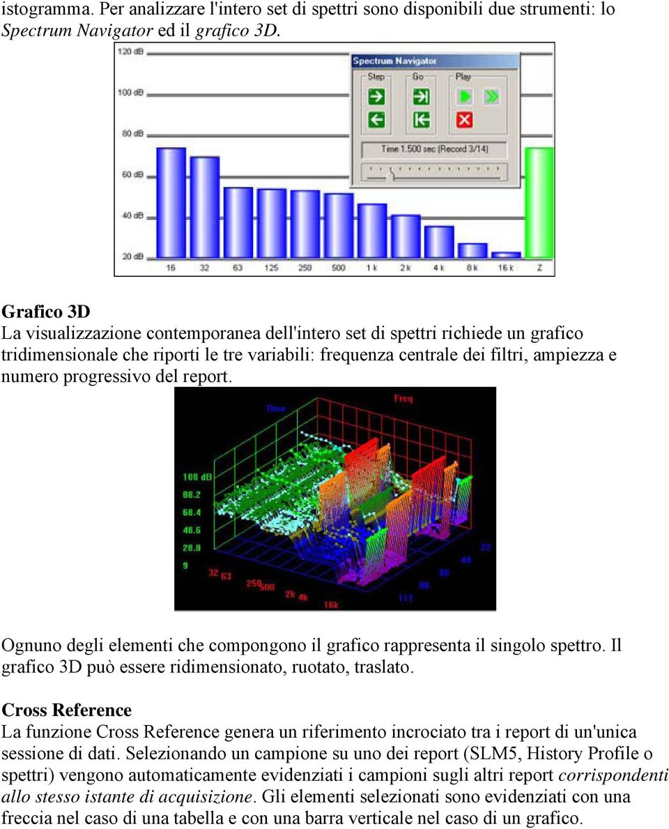 del report. Ognuno degli elementi che compongono il grafico rappresenta il singolo spettro. Il grafico 3D può essere ridimensionato, ruotato, traslato.