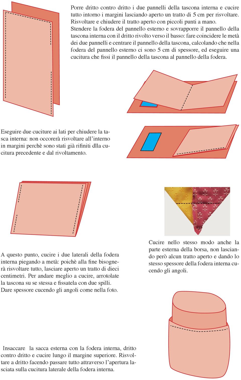 Stendere la fodera del pannello esterno e sovrapporre il pannello della tascona interna con il dritto rivolto verso il basso: fare coincidere le metà dei due pannelli e centrare il pannello della