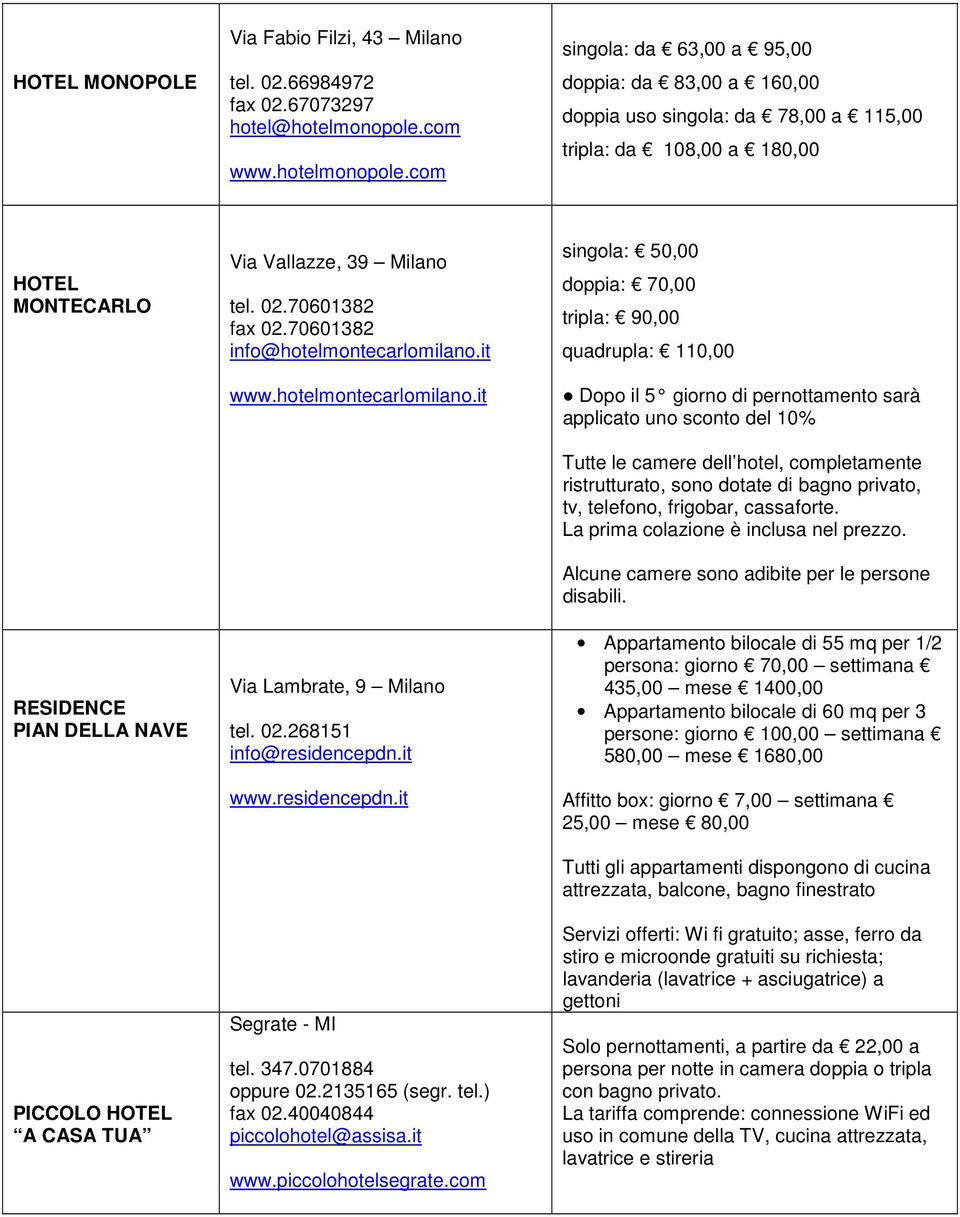 com singola: da 63,00 a 95,00 doppia: da 83,00 a 160,00 doppia uso singola: da 78,00 a 115,00 tripla: da 108,00 a 180,00 HOTEL MONTECARLO PIAN DELLA NAVE PICCOLO HOTEL A CASA TUA Via Vallazze, 39