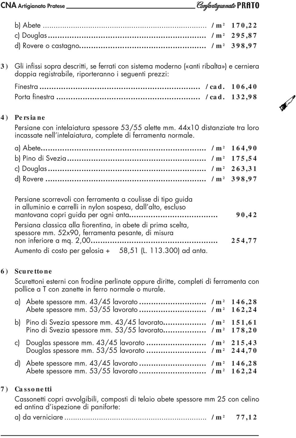 ..e/cad. 132,98 4) Persiane Persiane con intelaiatura spessore 53/55 alette mm. 44x10 distanziate tra loro incassate nell intelaiatura, complete di ferramenta normale. a) Abete.