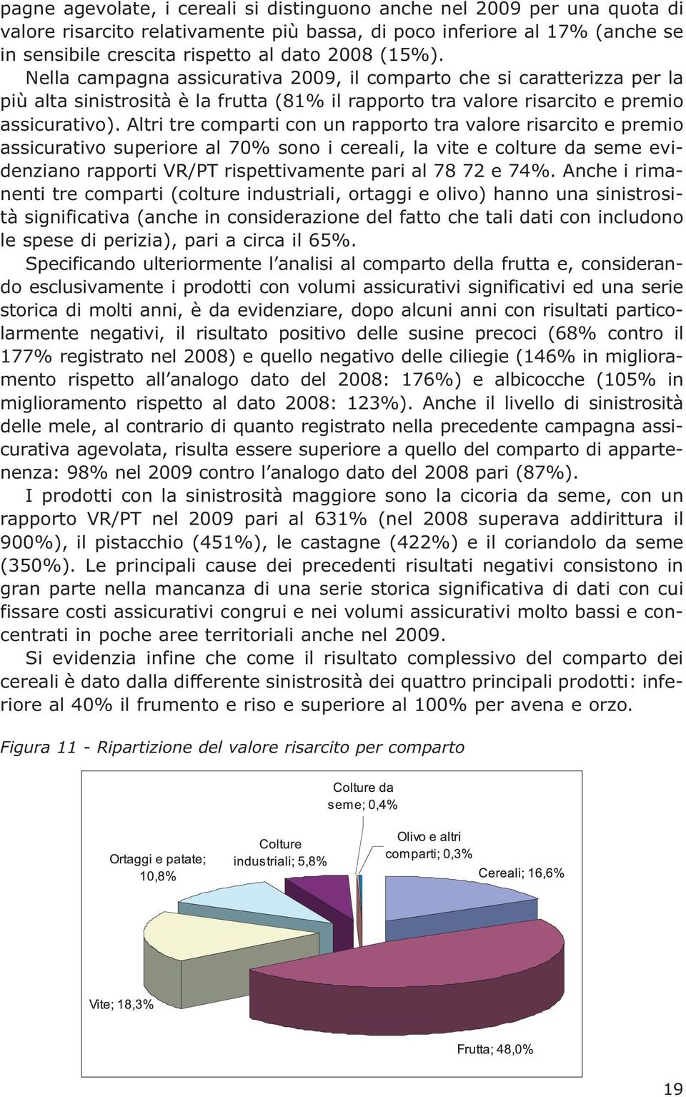 Altri tre comparti con un rapporto tra valore risarcito e premio assicurativo superiore al 70% sono i cereali, la vite e colture da seme evidenziano rapporti VR/PT rispettivamente pari al 78 72 e 74%.