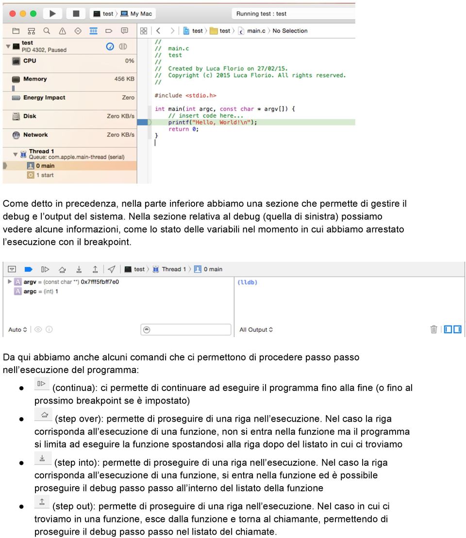 Da qui abbiamo anche alcuni comandi che ci permettono di procedere passo passo nell esecuzione del programma: (continua): ci permette di continuare ad eseguire il programma fino alla fine (o fino al