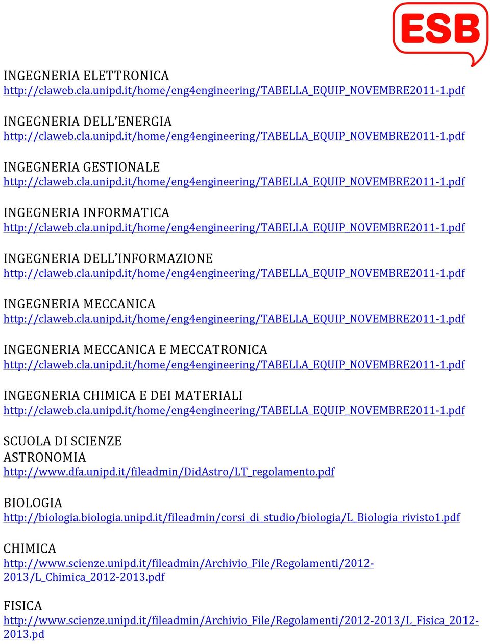 pdf BIOLOGIA http://biologia.biologia.unipd.it/fileadmin/corsi_di_studio/biologia/l_biologia_rivisto1.pdf CHIMICA http://www.scienze.unipd.it/fileadmin/archivio_file/regolamenti/2012-2013/l_chimica_2012-2013.
